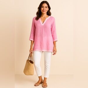 LANDS END 100% LINEN Split Neck 3/4 Sleeve Tunic Top Lagenlook Breathable 14-16
